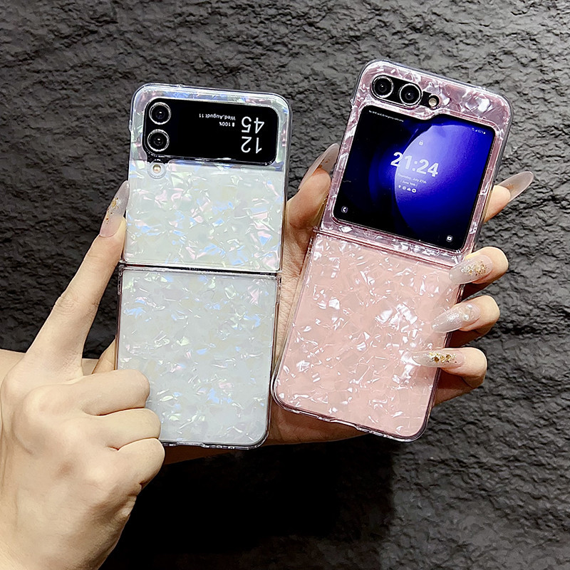หรูหรารูปแบบเนื้อเชลล์สําหรับ Samsung Galaxy Z Flip 4 3 เคสโทรศัพท์ Hard PC Anti-scratch กันกระแทก