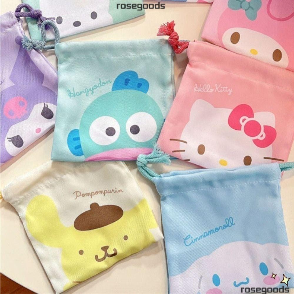Rose Sanrio Kuromi Drawstring Bag, Kawaii Cartoon Mini Bundle Pocket, Cosmetic Bag Double Sided Japanese Style Coin Printing Bag