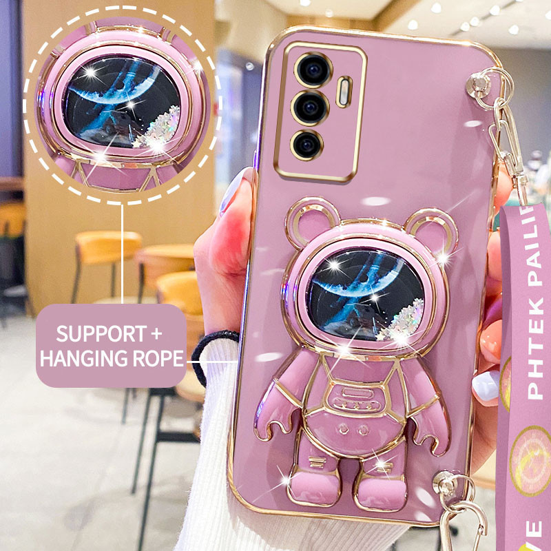 เคสโทรศัพท์กันกระแทกสําหรับoppo Reno 12 5G Reno 12 F Reno12 Pro 5G 12Fไหลทรายพื้นที่หมีขาตั้งฝาครอบป้องกันโปร่งใสพร้อมเชือกแขวน