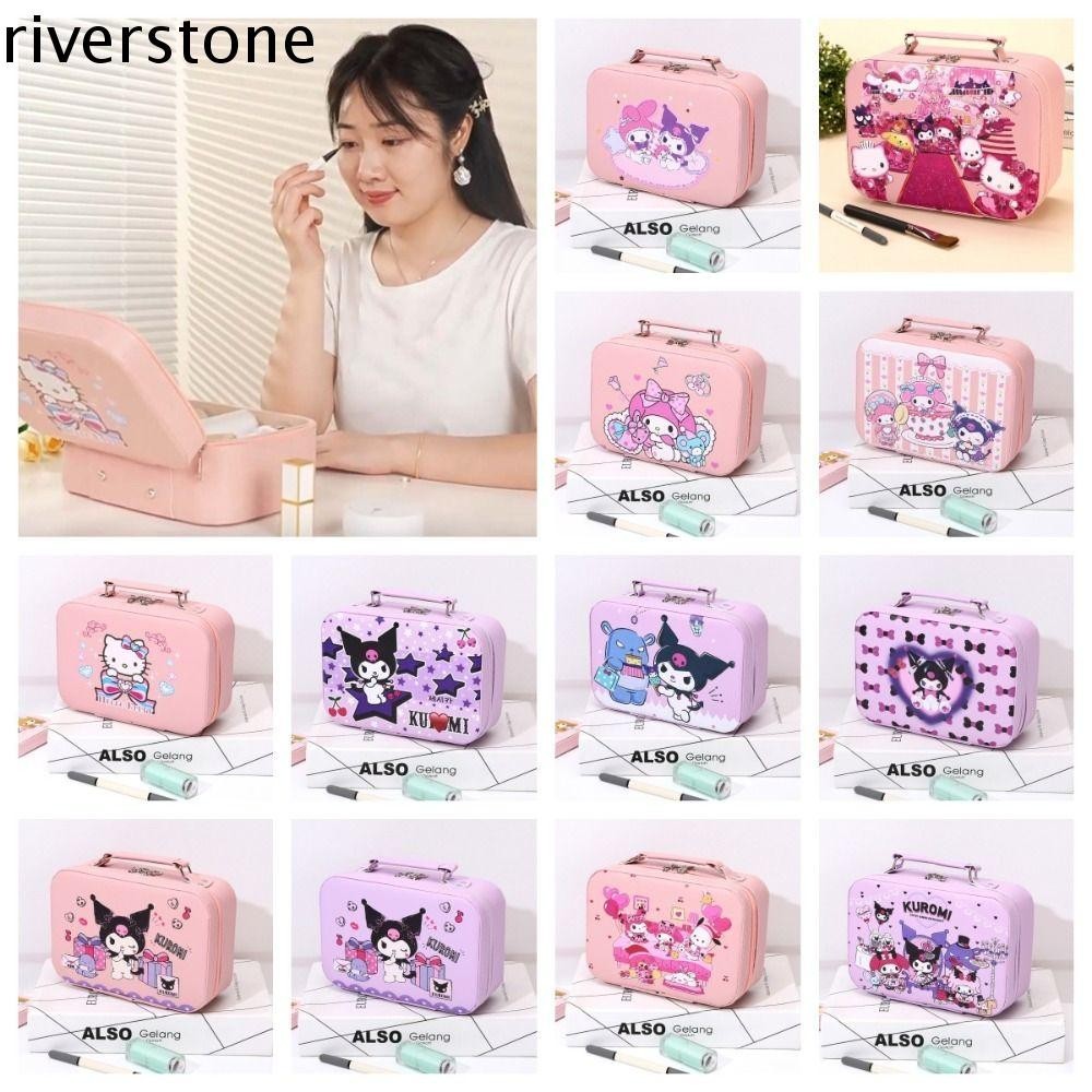 Riverstone Kuromi กระเป๋าเครื่องสําอางกระเป๋าเดินทาง, Flocked Mirror Kitty กระเป๋าแต่งหน้ามือถือ, Kawaii รถเข็นกันน้ําอะนิเมะ My Melody การ์ตูน PU กรณีเครื่องสําอางหญิง