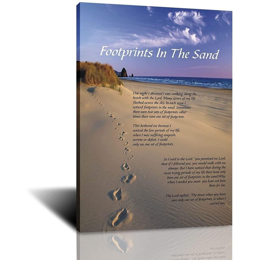 1Pcs Canvas Print Footprints In The Sand Religious Inspirational Poster Mural Art Painting Oil Indoo