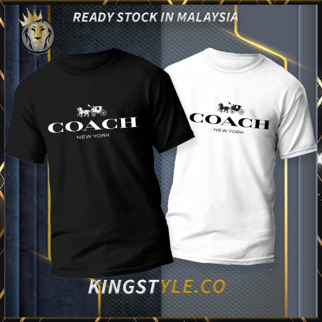 คลังสินค้าพร้อม COACH Classic Letter พิมพ์เสื้อยืดคอกลมผ้าฝ้ายแท้เสื้อยืด Unisex ป้ายคอปก + Tag
