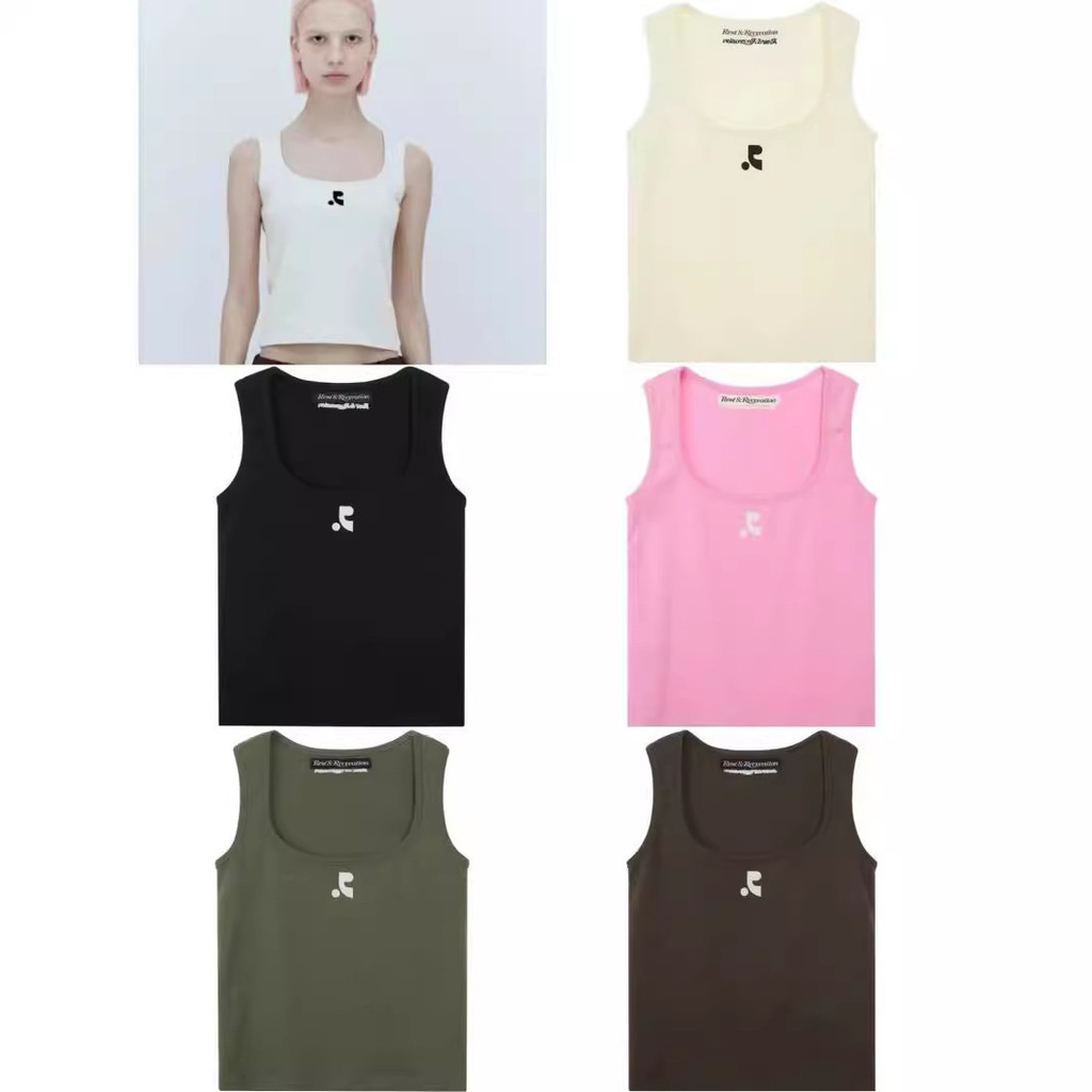 [SR-STUDIO] Rest & Leisure พร้อมสต็อกยิงจริง 2024 สไตล์ใหม่ปักตัวอักษรสีทึบ U-คอ Camisole ผู้หญิง