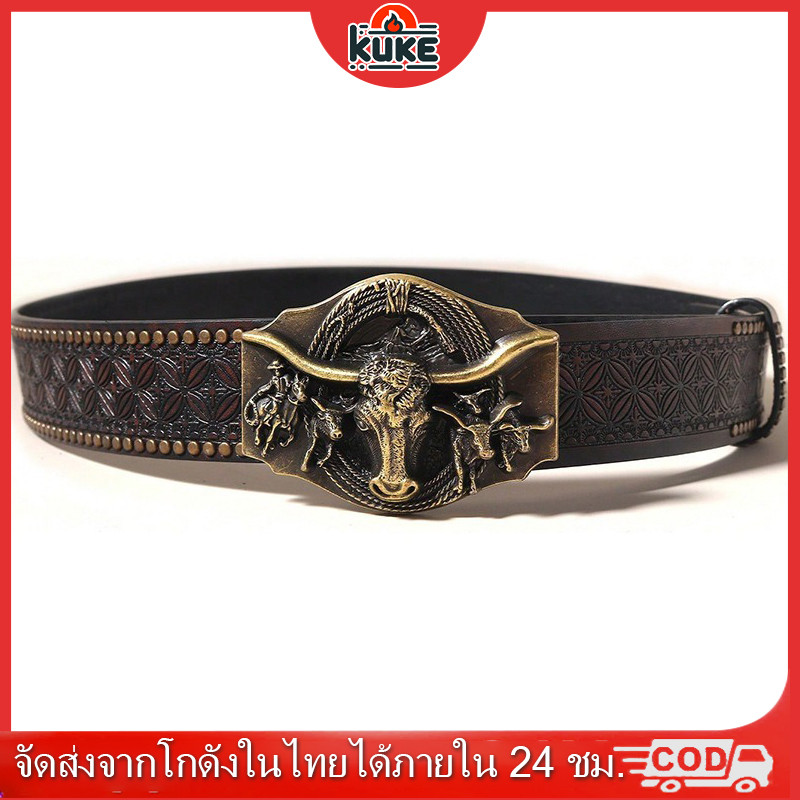 สไตล์คาวบอยอเมริกัน เข็มขัดหนังผู้ชาย หัวเข็มขัดรูปหัวกระทิงสไตล์ย้อนยุค ตกแต่งด้วยหมุดประดับลูกปัด