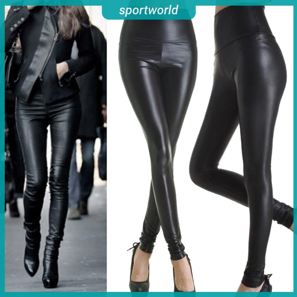 จัดส่งจากกรุงเทพ PU Waistband Stirrup Tights เซ็กซี่ยืดผู้หญิงควบคุม Tights หนัง Faux สีดําทั้งหมดสําหรับ Work Leisure Home Shopping [sportworld.th]