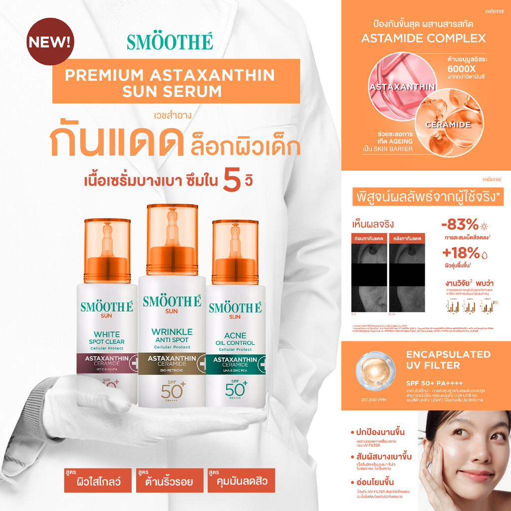 Smooth E Sun Asta SPF 50+ PA++++ 30g. (White) เซรั่มครีมกันแดดล็อกผิวเด็ก Astaxanthin ผิวขาวใส เนื้อบางเบา ป้องกันแสง UV - รูปที่ 3
