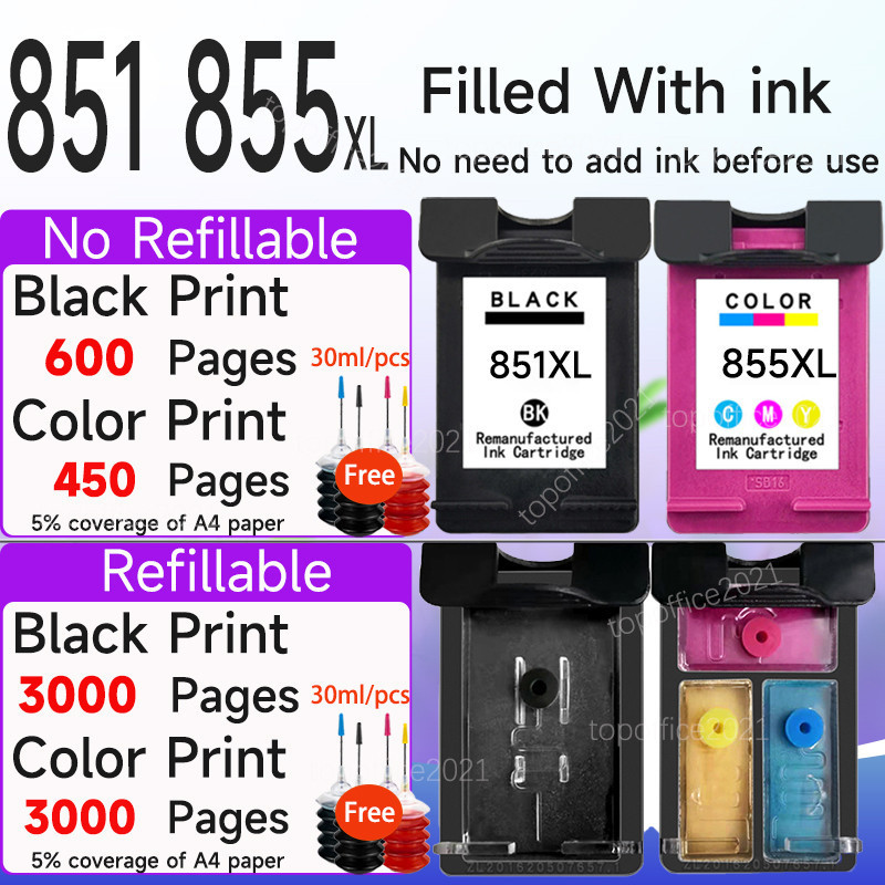ใช้งานร่วมกับ hP 851 ตลับหมึก 855XL hP851 สีดํา hP855 สี hP 851 855 ตลับหมึกสําหรับ HP470b 4168 d516