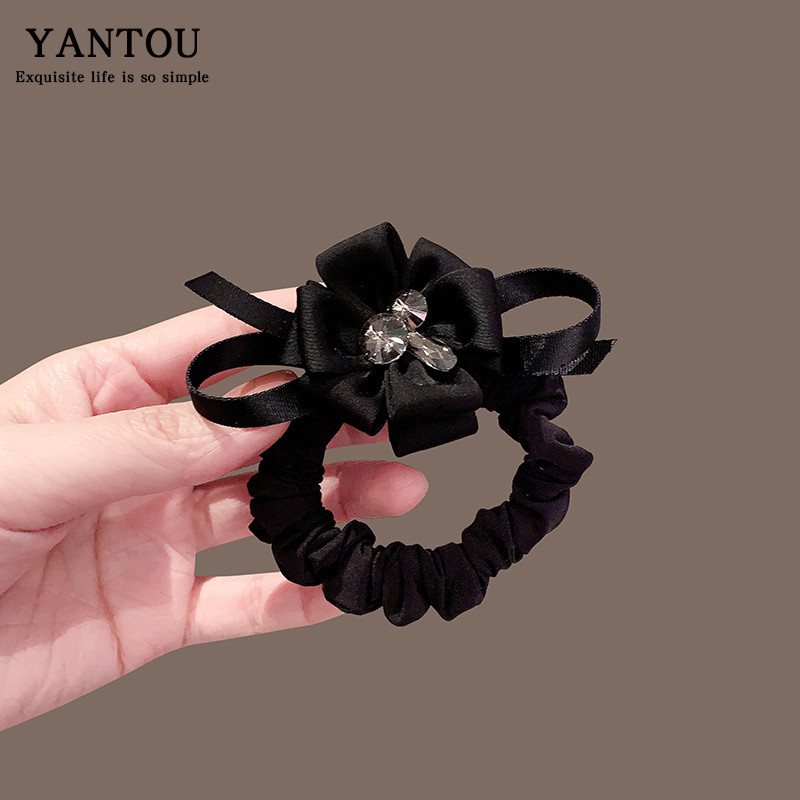 Retro สีดําโบว์ขนาดเล็ก Scrunchy แหวนผม High-End เลียนแบบคริสตัลยืดหยุ่นสูงยาง Band Classy หางม้าแถบคาดศีรษะ