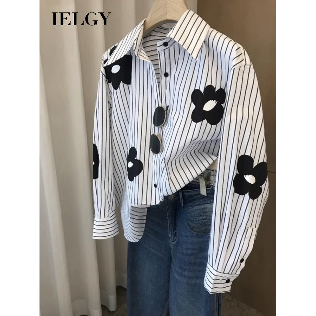 IELGY เสื้อเชิ้ตแขนยาวทรงหลวมอเนกประสงค์อารมณ์ลายทางสําหรับผู้หญิง