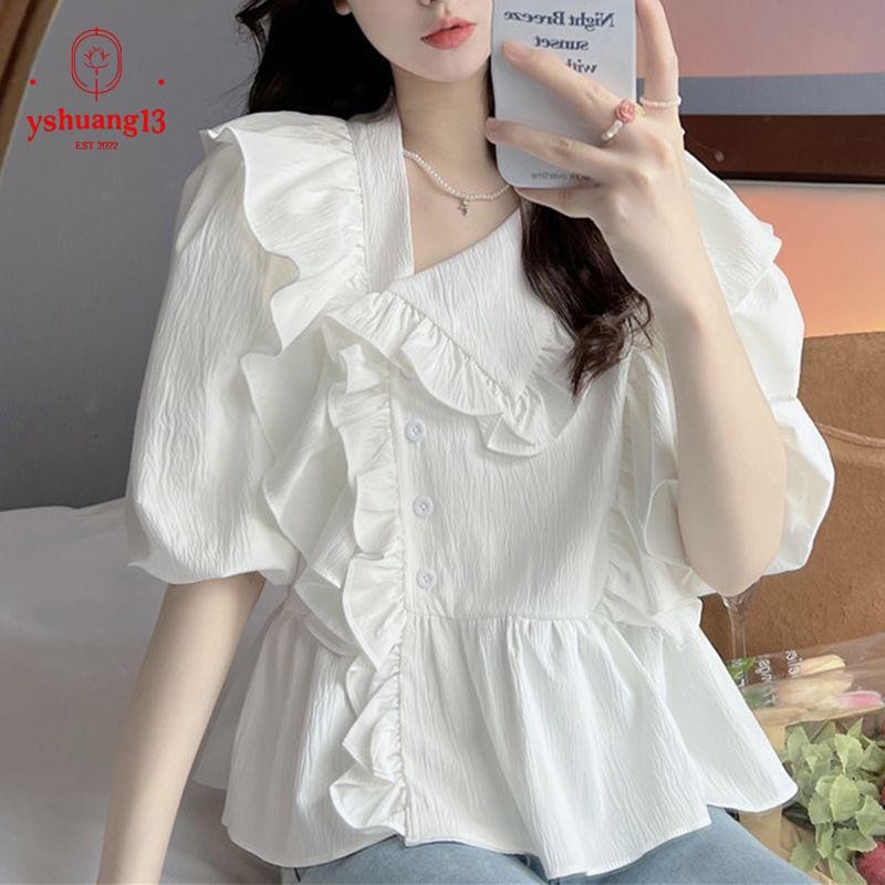 เสื้อเชิ้ตผู้หญิงแขนสั้น เสื้อสาวอวบ คอตุ๊กตา ไซส์ใหญ่ สไตล์ฝรั่งเศส เสื้อแฟชั่นผู้หญิง