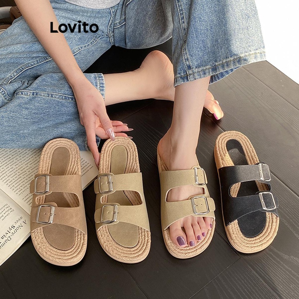 Lovito รองเท้าแตะส้นแบนแบบลำลองสำหรับผู้หญิง เชือกฟางถักเทียม หัวเข็มขัดเรียบ พื้นหนา สวมใส่สบาย สวมใส่ได้ทุกวัน LFA72244