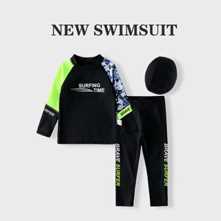 [3-13 ปี] ชุดว่ายน้ําเด็กชายกลางเด็กเล็กแขนยาวกางเกงแยกชุดว่…