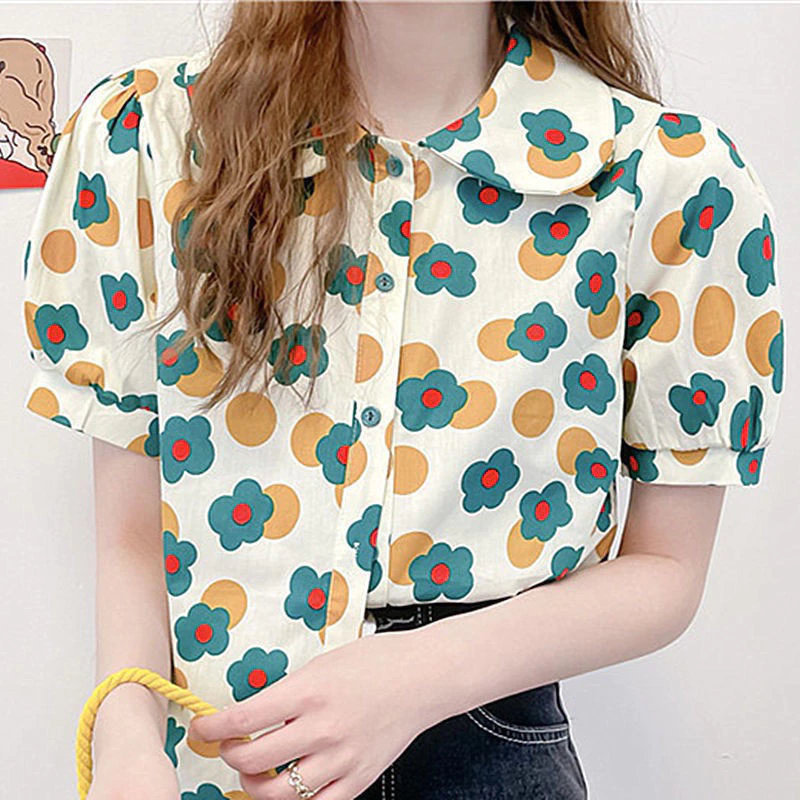 เสื้อเชิ้ตแขนสั้นลายดอกผ้าชีฟองทรงตุ๊กตาย้อนยุค thumbnail 4