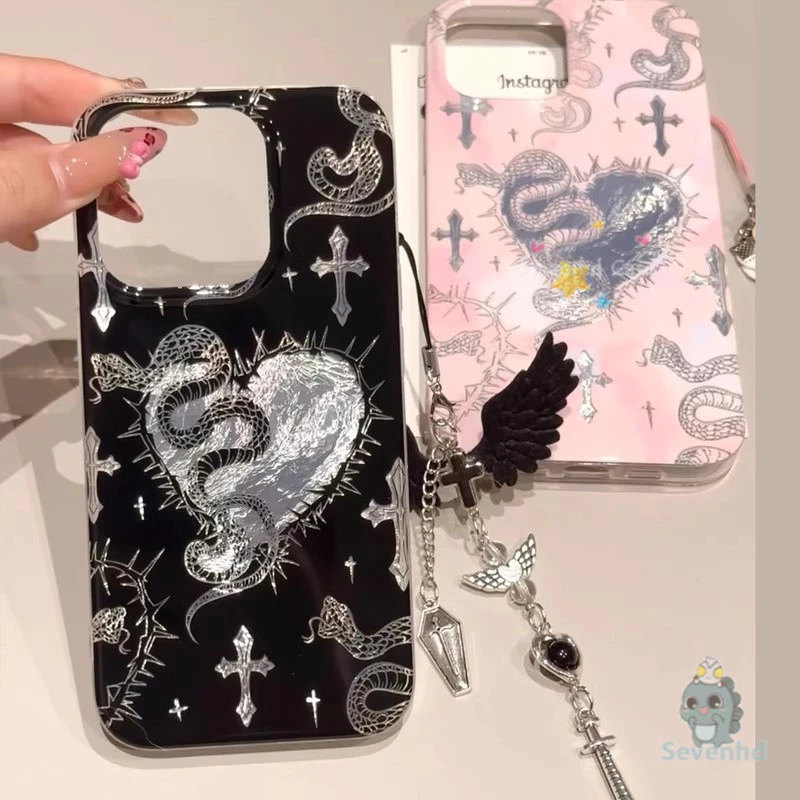 Evil Angel ปลอกงู + เชือกเส้นเล็กสําหรับ iPhone 11 16 15 14 13 12 Pro Max 15 14 Plus Xr X Xs Max 8 7 6 Plus Cool แฟชั่นคู่เคสโทรศัพท์แฟชั่นไล่โทนสีสนุก Protector ปกอ่อน