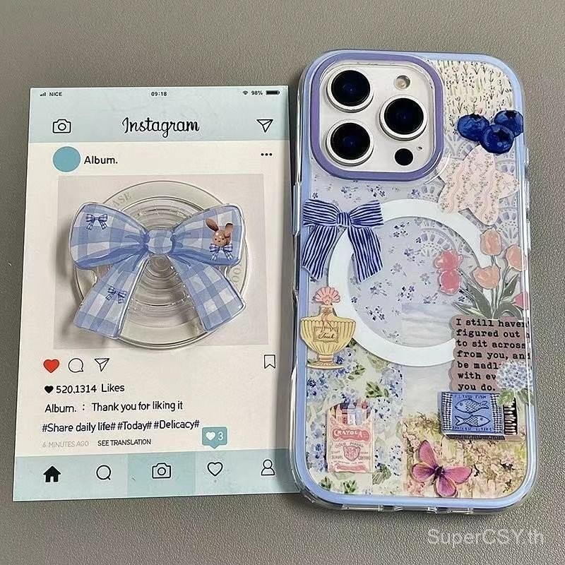 เคสโทรศัพท์สำหรับ iPhone 7 8 X XS XR XSMAX 11 12 13 14 15 16 Pro Max Plus ลายดอกไม้ โบว์แม่เหล็ก ขาตั้ง ปกป้องเต็มรูปแบบ เคสนุ่ม กันกระแทก เคสป้องกัน U9F5
