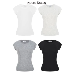 < MOSESQUEEN > อเมริกันย้อนยุคสีทึบเสื้อยืดแขนสั้นบางหญิงฤดูร้อนสาวร้อนสลิมแขนบินขนาดเล็กสั้นด้านบน #62847