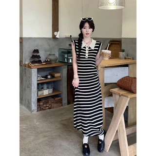 Luna Shop กระโปรงยาวแฟชั่นสําหรับผู้หญิง ชุดเดรสลำลอง สไตล์เกาหลีเรียบง่าย ปลอบโยน ลายทาง🍒 พร้อมส่ง 💕