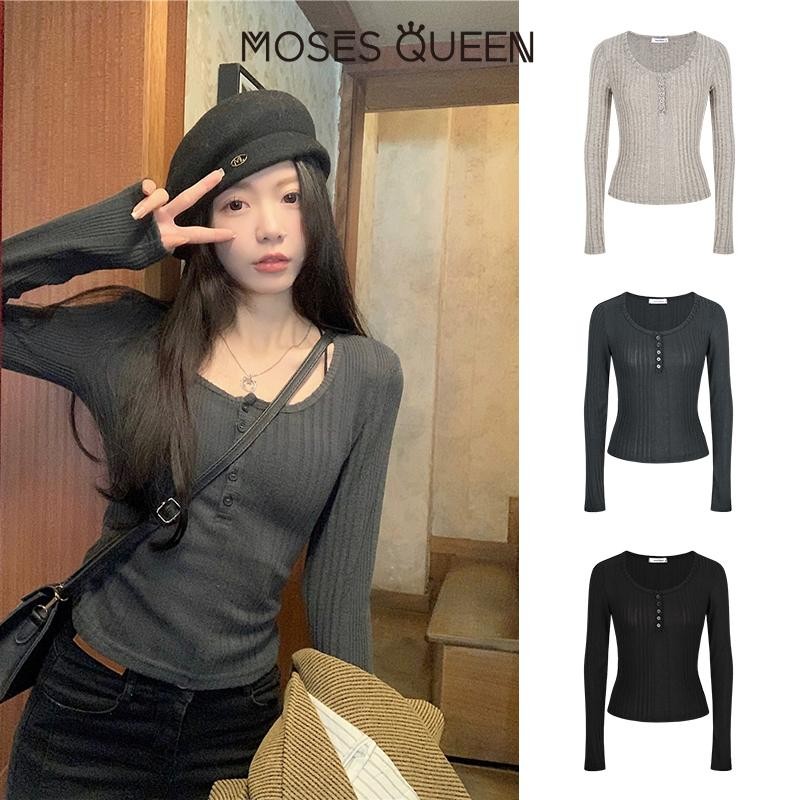 < MOSESQUEEN > เสื้อผ้าสูงวัย แบบเนคปิทสตริปกึ่งเปิดแขนยาว ผู้หญิง ผิวสัมผัสพื้นผิวใหม่ บางและเรียบ ชุดตัวบนส่วนใน #62323
