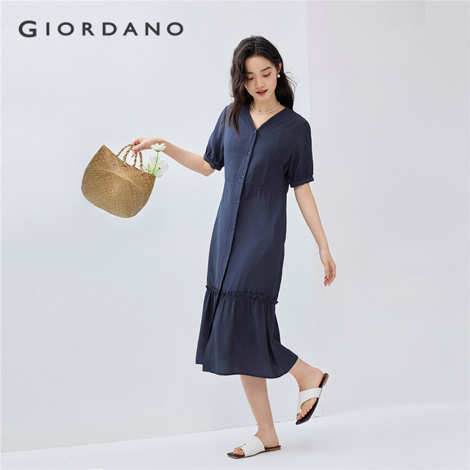 GIORDANO WOMEN Ruffle hem v-neck short sleeve dress 05465071