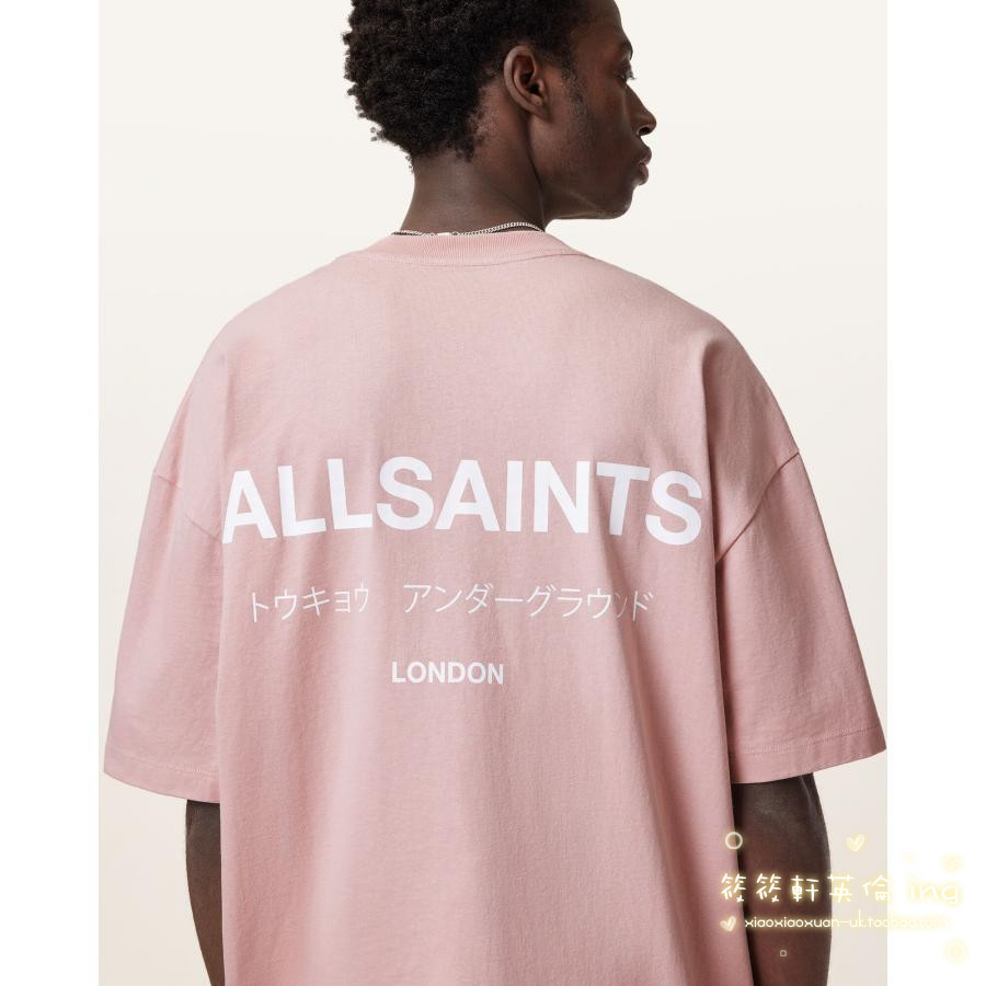 Allsaints Mens Oversize Letter LOGO เสื้อยืดแขนสั้นผ้าฝ้ายพิมพ์ลาย - รูปที่ 4
