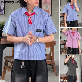 INCERUN เสื้อเชิ้ตพิมพ์ลายลายทางลําลองสไตล์เกาหลีสําหรับผู้ชาย (เนคไทไม่มี)