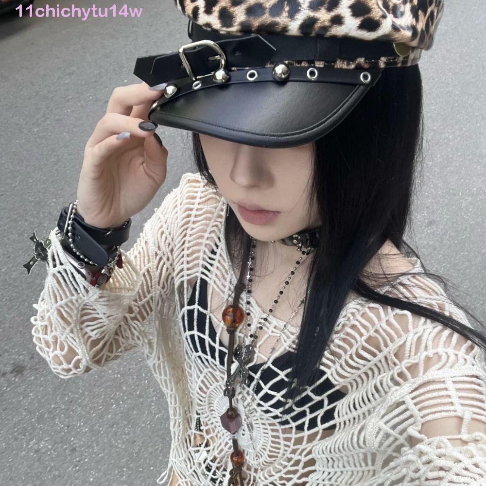 Chichytu14w Rivet เสือดาวหมวก, Punk Y2k Beret หมวก,แฟชั่น Pu หนัง Harajuku Gothic หมวกแบนสําหรับผู้หญิง