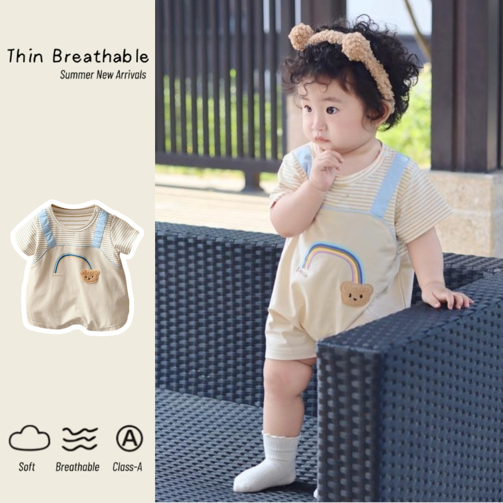ฤดูร้อนใหม่เด็ก Onesie เด็กทารกเด็กทารกแขนสั้น Romper 0-24 เดือนเด็ก Super หมีน่ารัก Splicing ลาย Jumpsuit เกาหลี