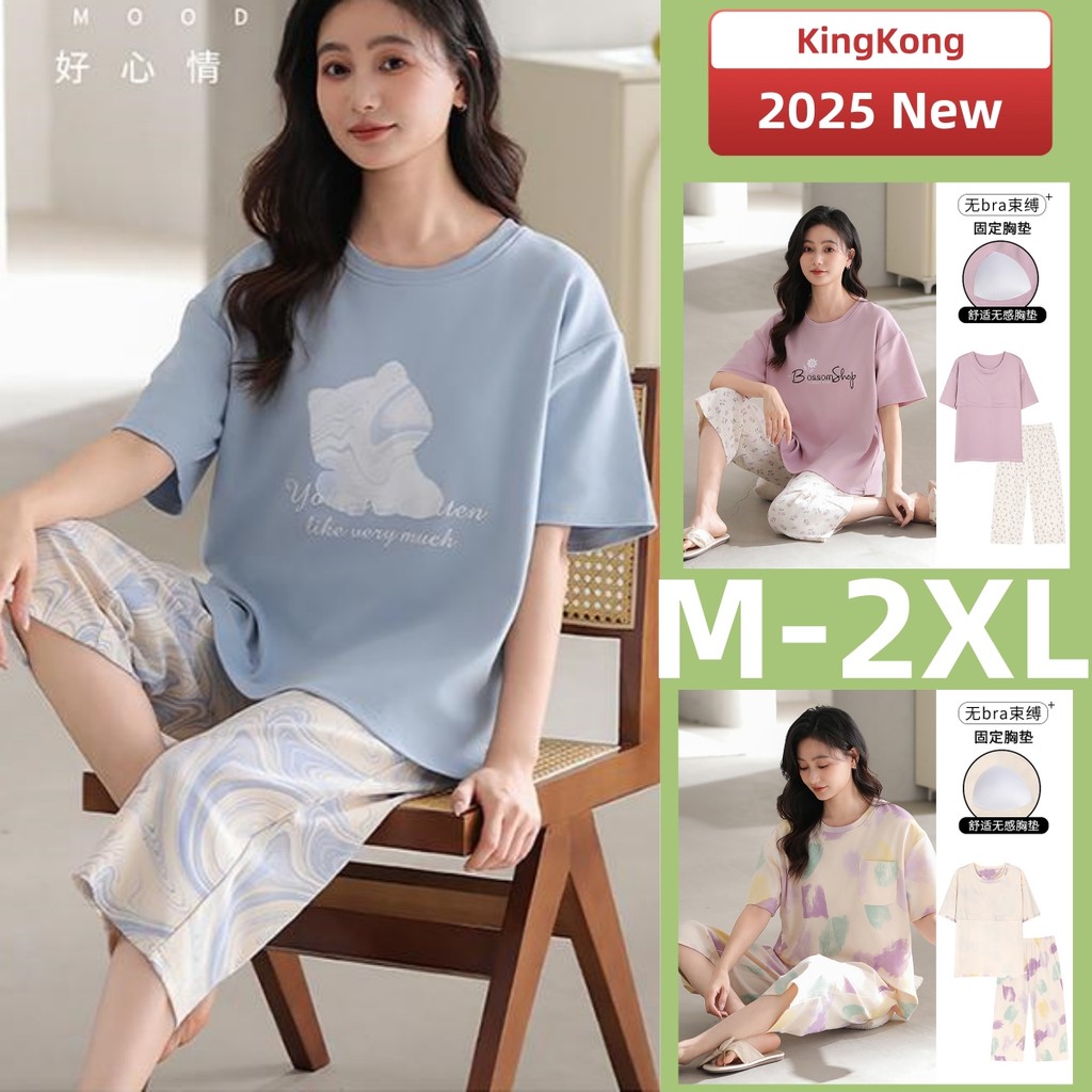 เบาะชุดนอนผู้หญิงชุดนอนผ้าฝ้ายชุดแขนสั้น3/4ความยาวฤดูร้อนเลดี้ชุดนอนผู้หญิงการ์ตูนน่ารักสวมใส่