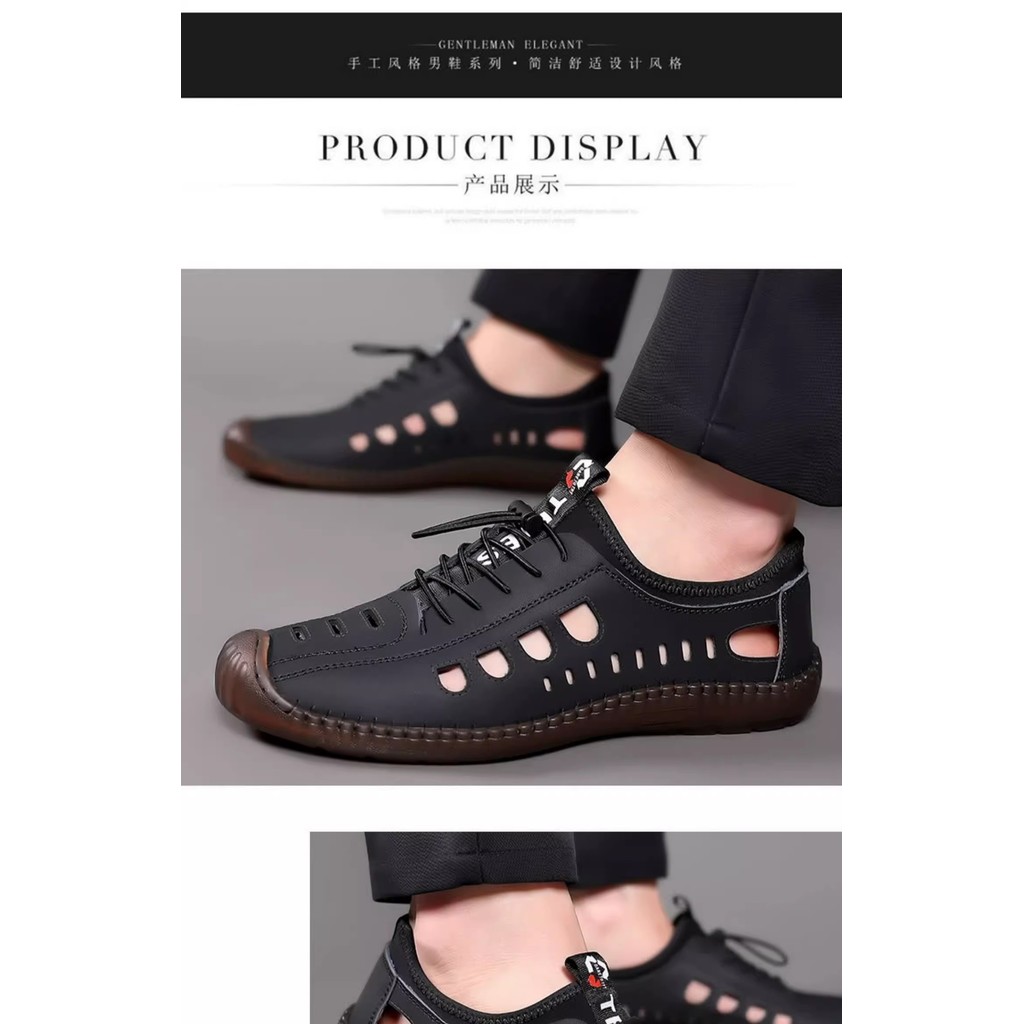 ผู้ชาย Hollow รองเท้าอินเทรนด์ Anti-Slip Hole รองเท้าสไตล์ใหม่ชายหาด Casual Breathable รองเท้าผู้ชาย Soft-Soled รองเท้าแตะรองเท้าหนังแท้