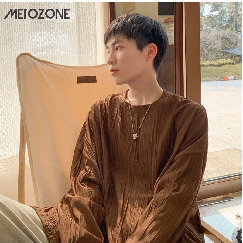 เสื้อยืดแขนยาว ทรงหลวม ขนาดใหญ่ สไตล์ฮ่องกง สําหรับผู้ชาย