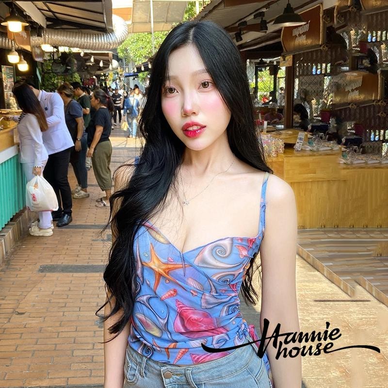 เสื้อสายเดี่ยว พิมพ์ลายเปลือกหอย สีฟ้า แฟชั่นฤดูร้อน สําหรับผู้หญิง