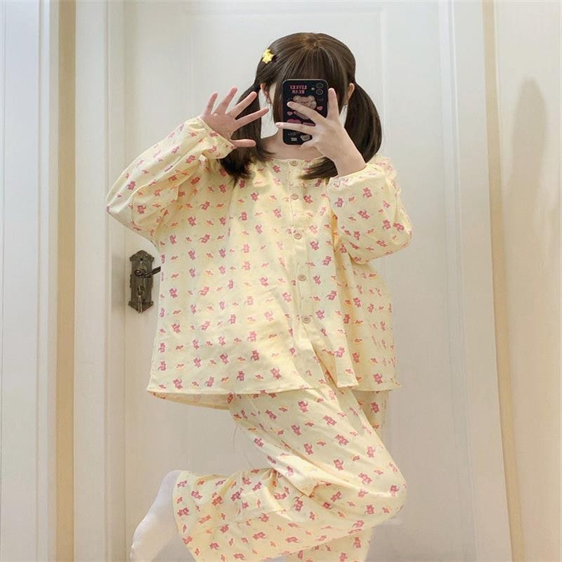 สไตล์ญี่ปุ่น ins สไตล์ Gummy Bear ชุดนอนคอกลมผู้หญิงฤดูใบไม้ผลิฤดูใบไม้ร่วงสไตล์ใหม่กางเกงขายาวหลวม 