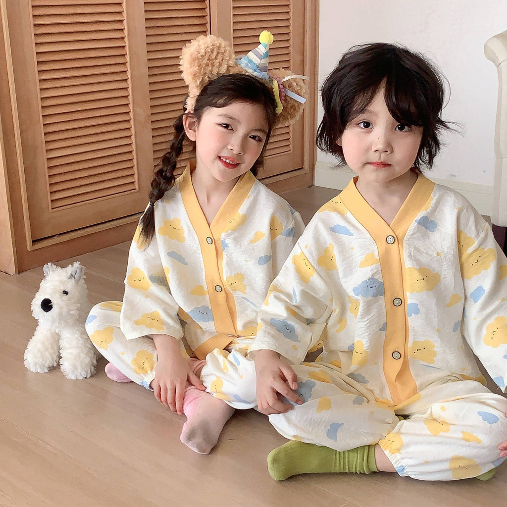 คลังสินค้าพร้อม 100-170 ซม.ฤดูร้อนเด็กบางเสื้อสเวตเตอร์ถักผ้าฝ้าย Homewear ชุดขนาดกลางขนาดใหญ่ชายหญิง Casual All-Match Monk เสื้อผ้า