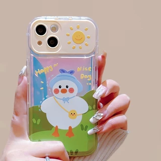 สำหรับ iPhone 11 15 14 13 12 Pro MAX 7 8 14 Plus XS MAX เคส แฮปปี้เติมน้ำมันเป็ดพลิกกรณีโทรศัพท์กระจก ป้องกันการตก
