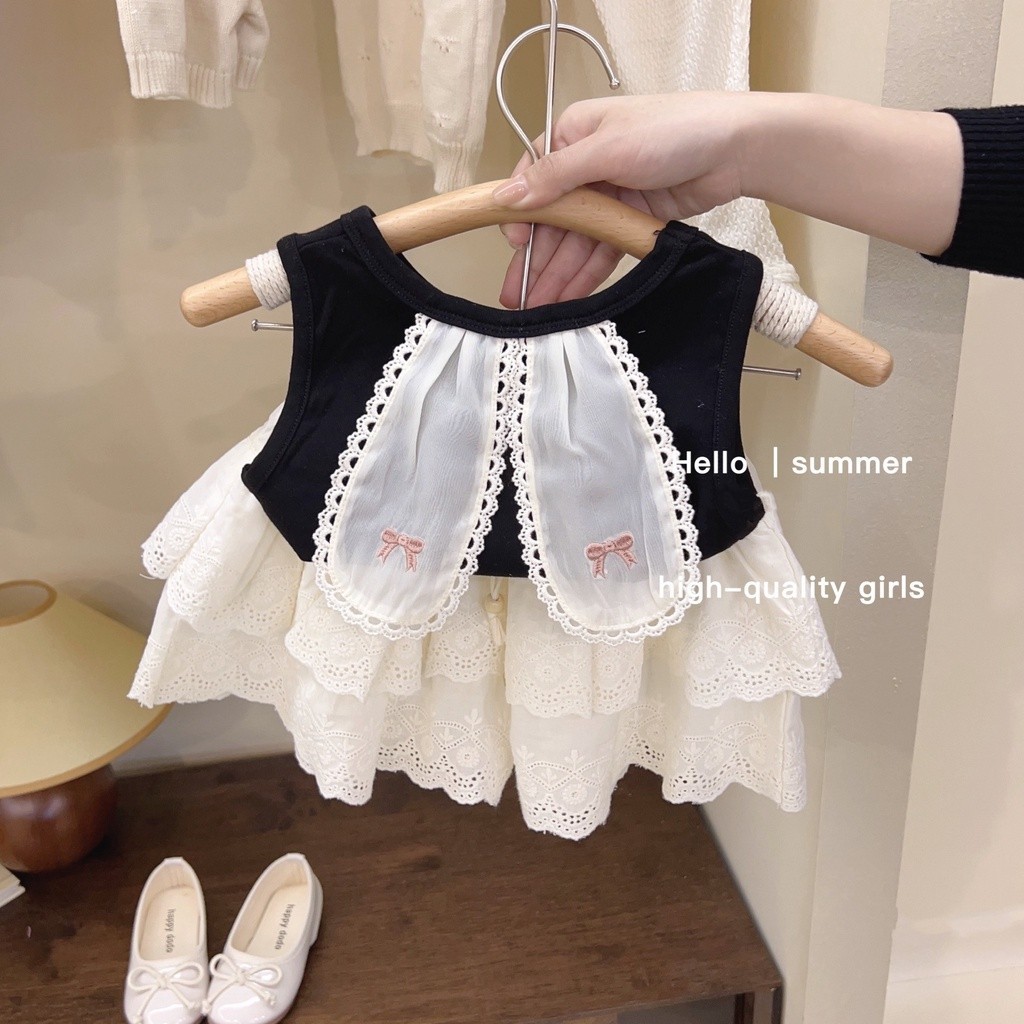 เสื้อยืดแขนกุด แต่งขอบลูกไม้ ลายหูกระต่ายน่ารัก สไตล์เกาหลี แฟชั่นฤดูร้อน สําหรับเด็กผู้หญิง สองชิ้น