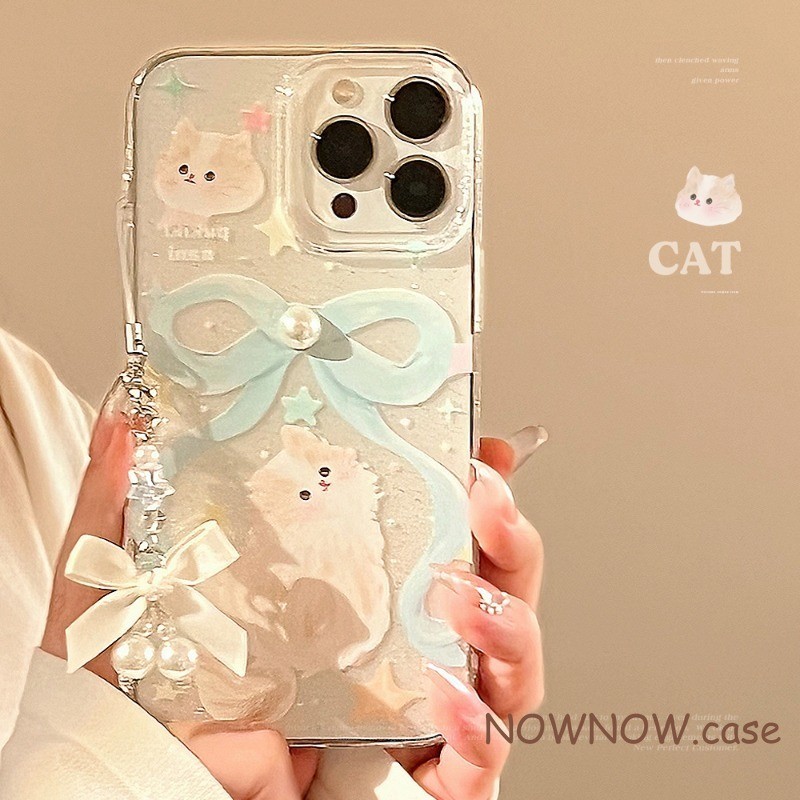 ใช้งานร่วมกับสําหรับ iPhone 15 14 13 12 11 Pro MAX X XR XS MAX 7 8 Plus การ์ตูนน่ารักโบว์สีฟ้าลูกแมวโปร่งใส glitter โทรศัพท์สีชมพูพร้อมจี้มุกสามมิติ Soft Cover