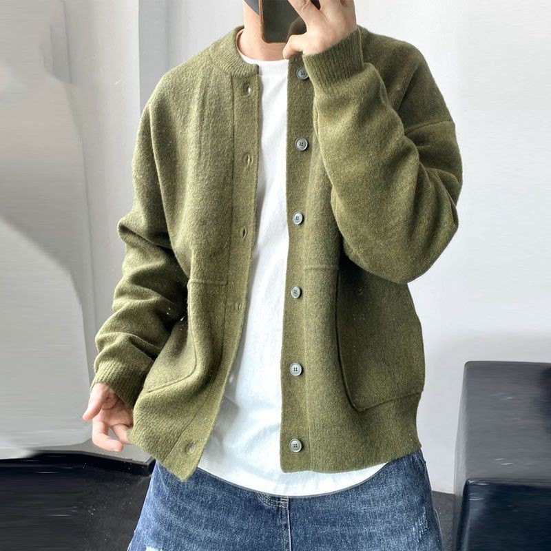 เสื้อคาร์ดิแกนกันหนาว แบบบาง สีพื้น สไตล์เกาหลี แฟชั่นฤดูใบไม้ผลิ และฤดูใบไม้ร่วง สําหรับผู้ชาย