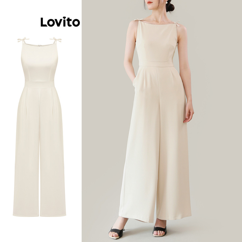 Lovito ชุดจั๊มสูทผู้หญิง แต่งโบว์ สีพื้น สไตล์ลำลอง L86ED225