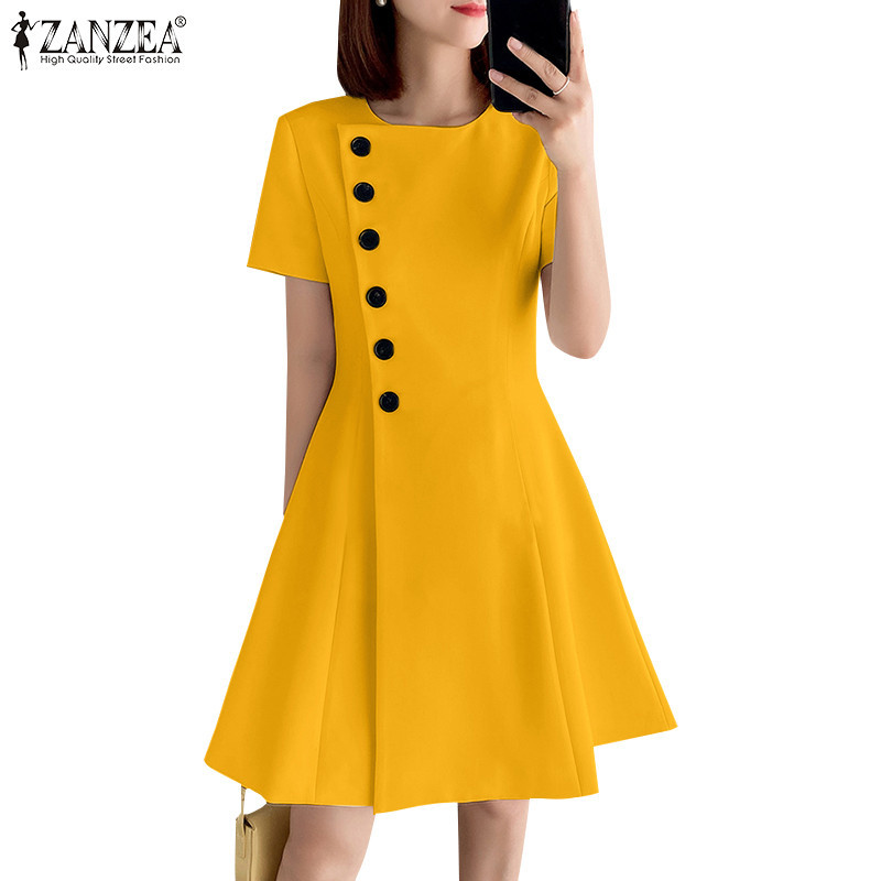 Zanzea ผู ้ หญิงเกาหลีปุ ่ มตกแต ่ งแขนสั ้ น Cinched เอวชุด A-Line