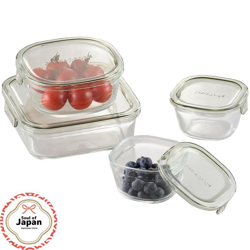 iwaki Heat Resistant Glass Storage Container, Olive Green, Square 4-Piece Pack & Range PC-PRN4G41
