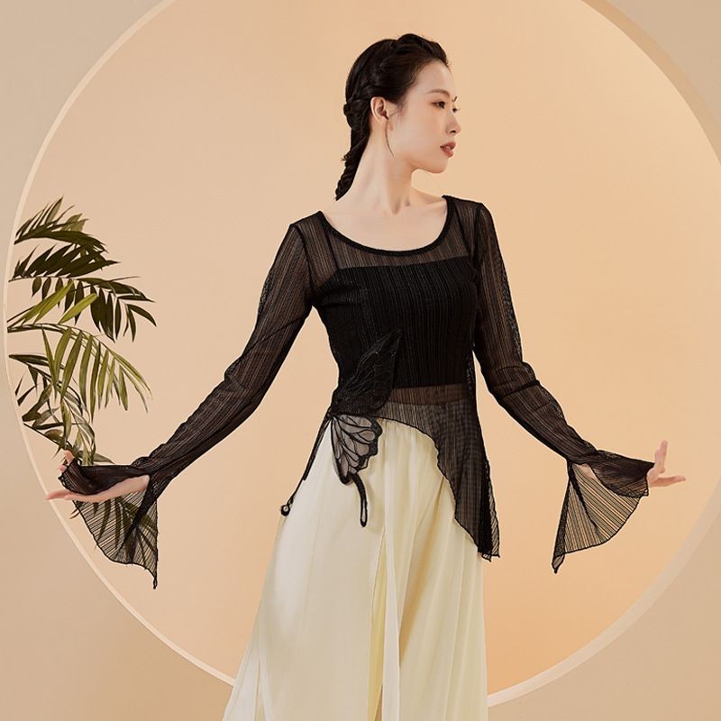 [YCF] ชุดเต้นผ้าโปร่งแขนยาวผู้หญิง, ชุดการแสดงเต้นรําคลาสสิกสไตล์จีน, ผ้ากอซหรูหรา, เสื้อเต้นสมัยใหม่แขนทรัมเป็ต