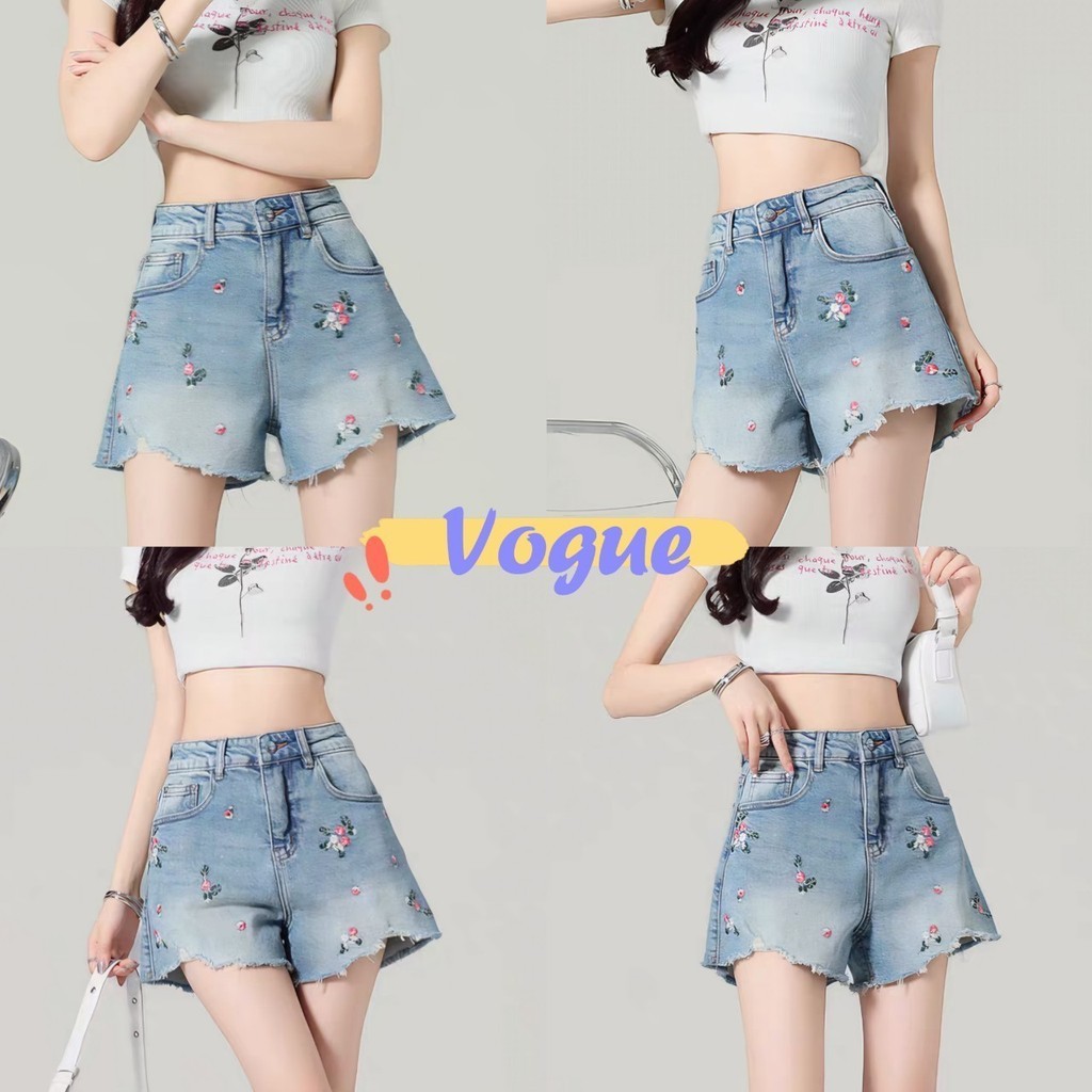Vogue🌟พร้อมส่ง🌟 กางเกงยีนส์ขาสั้น ดีเทลปักลายดอกไม้สองสี น่ารักมาก (2367) -NZ