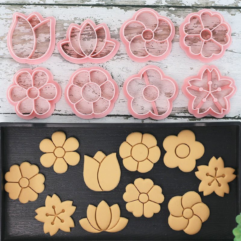 8pcs การ์ตูนดอกไม้เครื่องตัดคุกกี้บิสกิตแม่พิมพ์ Cherry Blossom Plum Blossom Creatively-Shaped นึ่ง Bun ผลไม้คุกกี้แม่พิมพ์ DIY Fondant เบเกอรี่เครื่องมือ