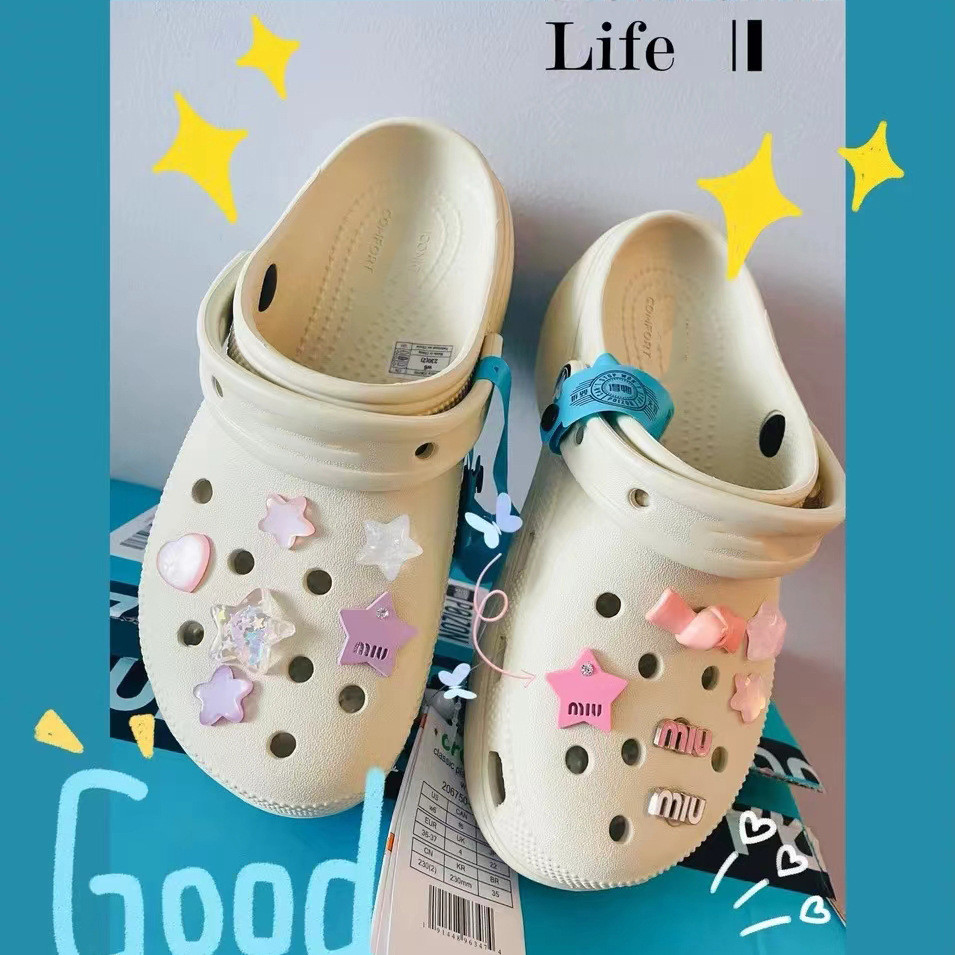 12 ชิ้น INS MIN Shining Love Stars Crocs DIY Charm อุปกรณ์รองเท้าเหมาะสําหรับการตกแต่งปุ่มรองเท้าแตะ