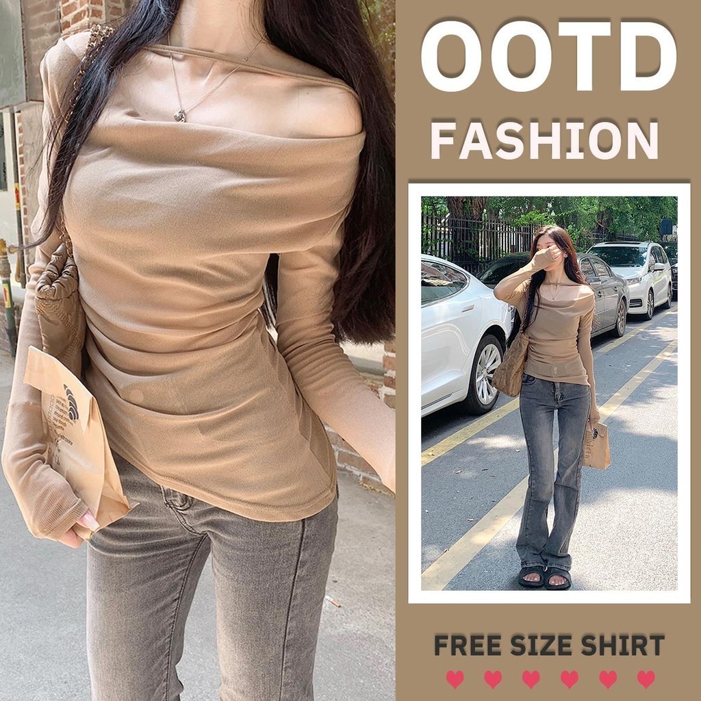 MIMI&DIDI.เสื้อปาดไหล่แฟชั่น เสื้อเชิ้ตแขนยาวผู้หญิง เซ็กซี่ สไตล์ y2k ครอปเท่ๆ ชีฟองผ้า สไตล์เกาหลี#W268