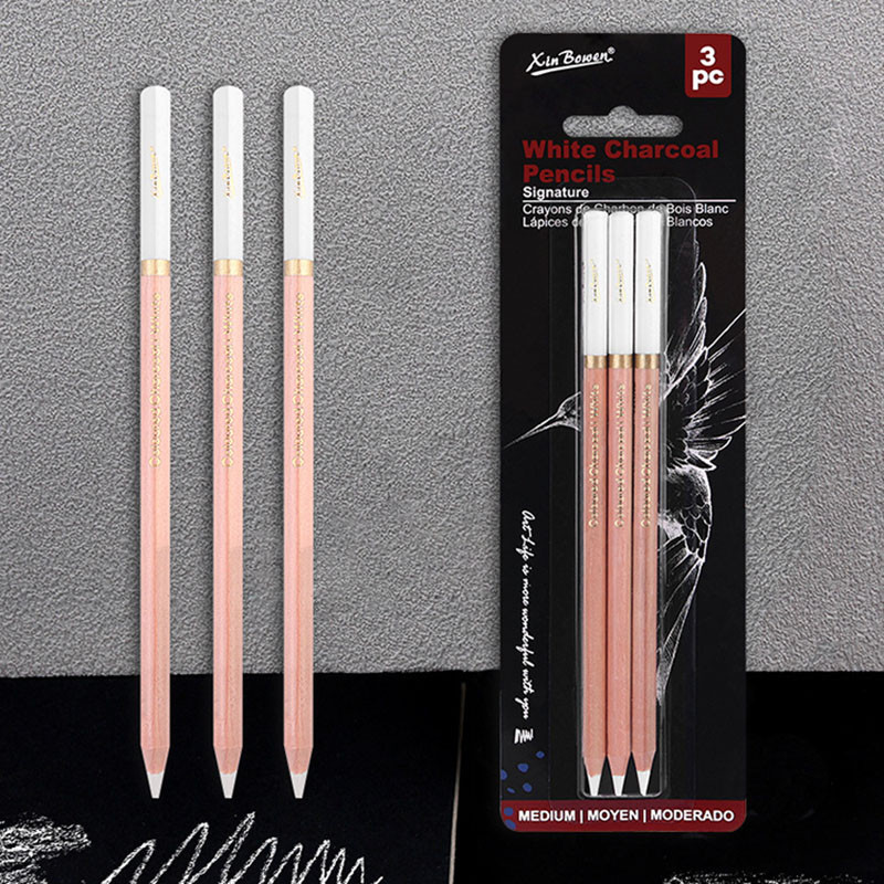 Ossayi 3 ชิ้น Professional White Sketch Charcoal Pencils Set Sketch Highlight White Pencils for Drawing, Sketching, Shading, Blending, White Chalk Pencils สําหรับผู้เริ่มต้นและศิลปิน