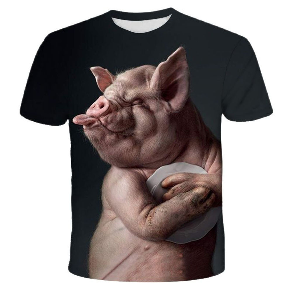 เสื้อยืด 3D หมูตลก Hip Hop แฟชั่นชาย คอกลม แขนสั้น ขนาดใหญ่