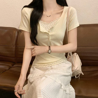 ข ผ้าฝ้ายผู้หญิงแขนสั้นเสื้อยืดปลอมสองชิ้นของฐานลูกไม้ดอกไม้เย็บปะติดปะต่อกันสลิมฟิต