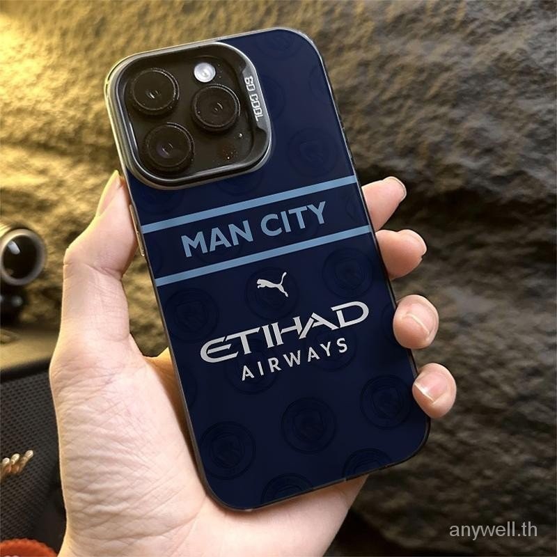 Manchron City loof เคสโทรศัพท์สีเงินป้องกันการกระแทก IMD เคสแข็ง frosted premium feel เคสโทรศัพท์สําหรับ iPhone 11 12 13 14 15 Pro Max ฟุตบอล