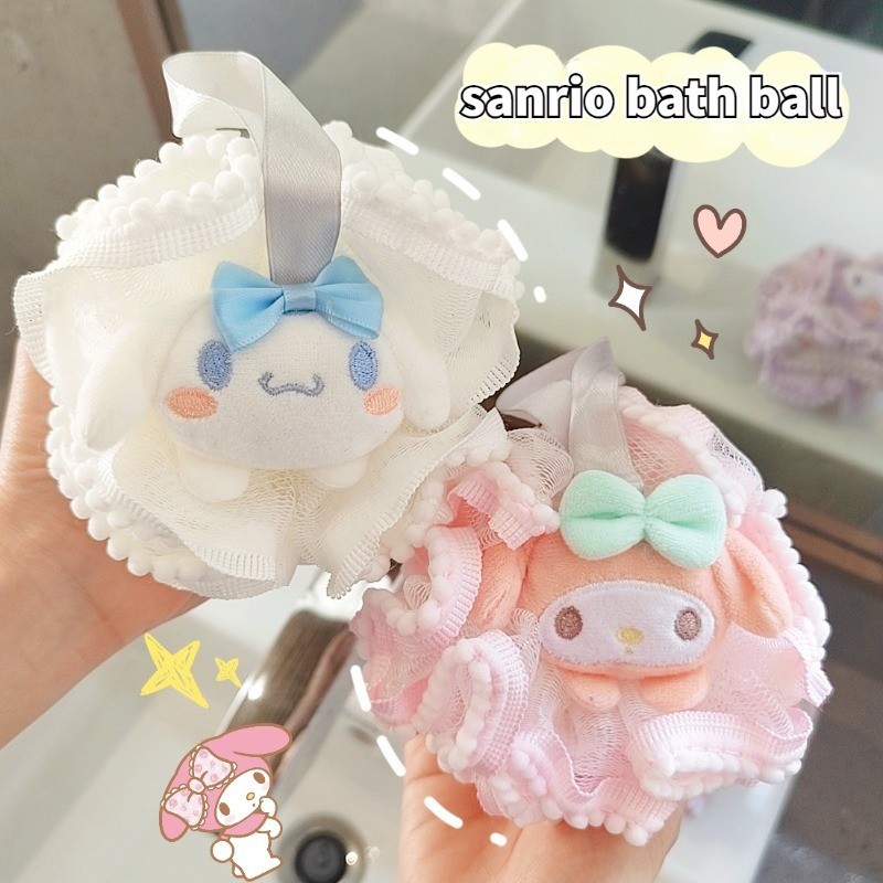 Sanrio Kawaii Pochacco ฝักบัวดอกไม้อะนิเมะ Melody Kuromi Cinnamoroll Shower Ball น่ารักกลับแรงเสียดทานการ์ตูนตุ๊กตาฟองน้ําอาบน้ําเครื่องมือทําความสะอาดผิว